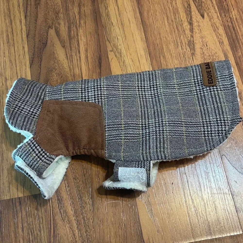 Eddie Bauer Dog Vest Small Grey Plaid Corduroy Faux Shearling Fleece Jacket